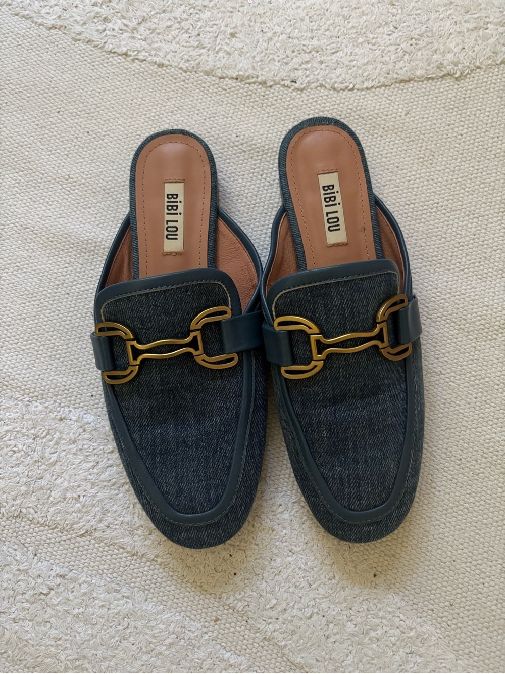 Bibi Lou Zagreb Denim Slip-On Mules with Gold Buckle Detail